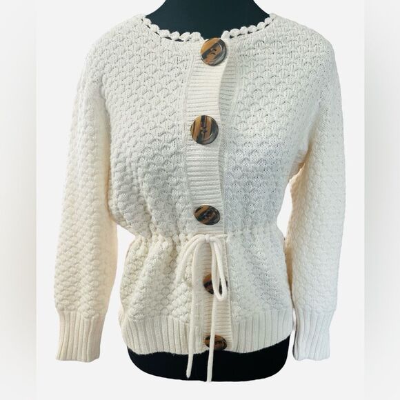 Vintage Y2K Knit Cropped Sweater in Cream Size Large Wool Babydoll Belted - Picture 1 of 11